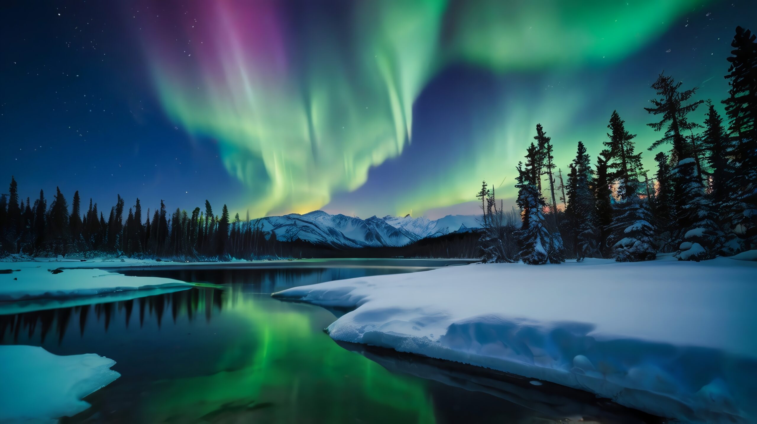 Die Nordlichter am Himmel über einem See und Schnee.