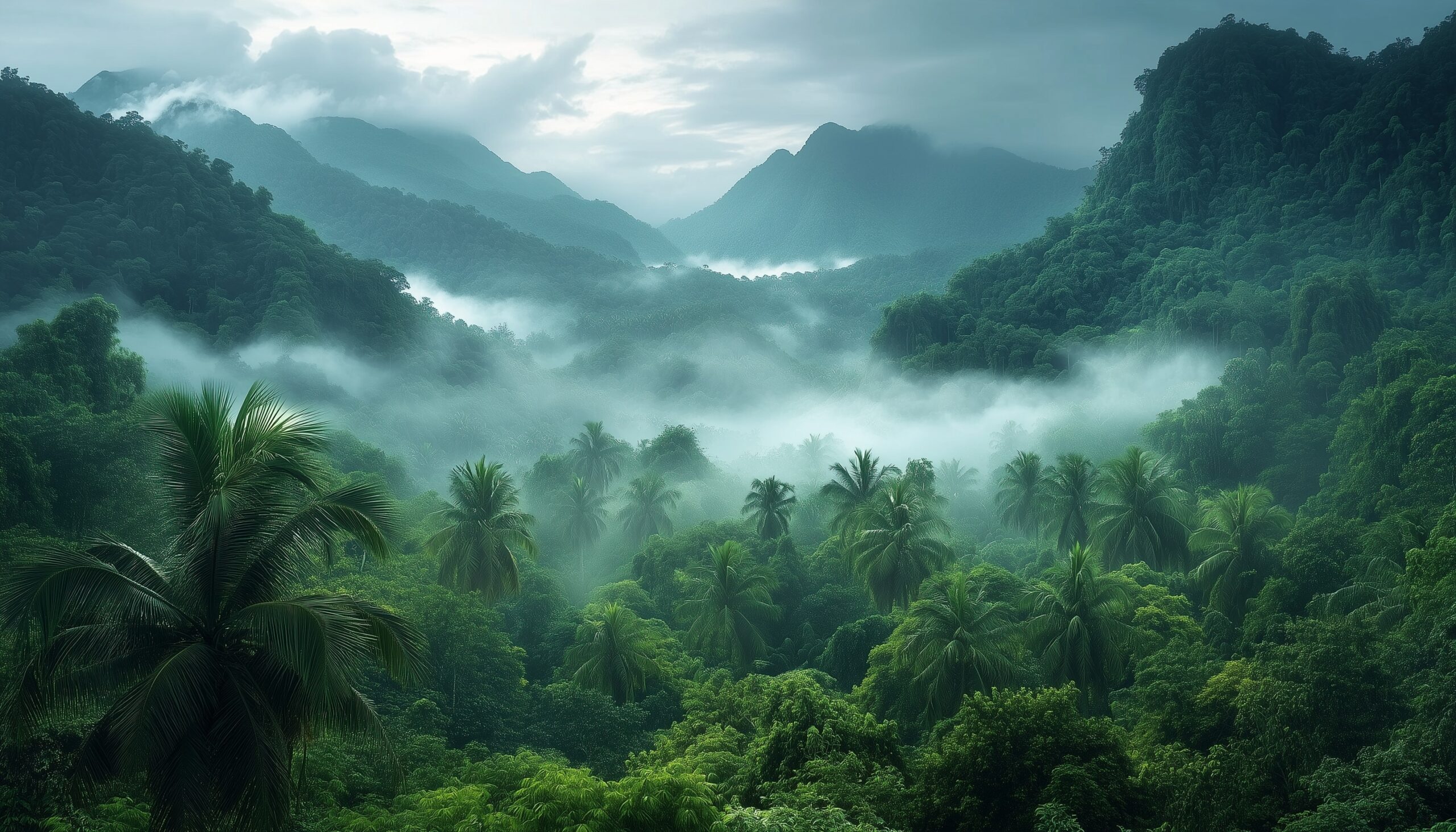 Der Regenwald mit viel Nebel und Palmen.